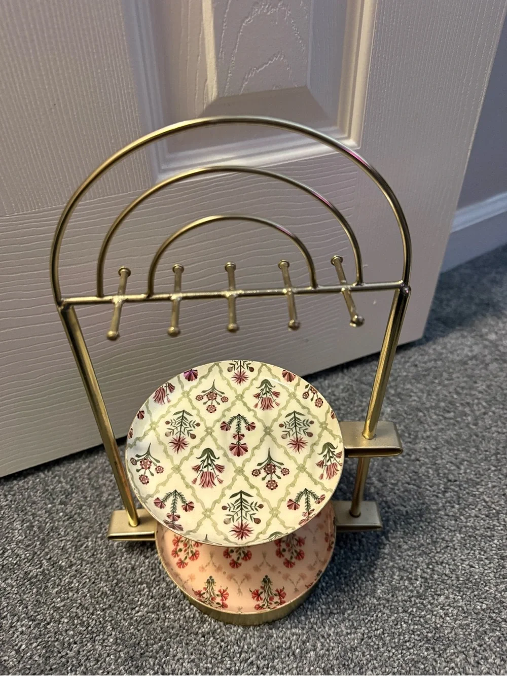 Gold Metal Jewelry Stand with Floral Ceramic Trays